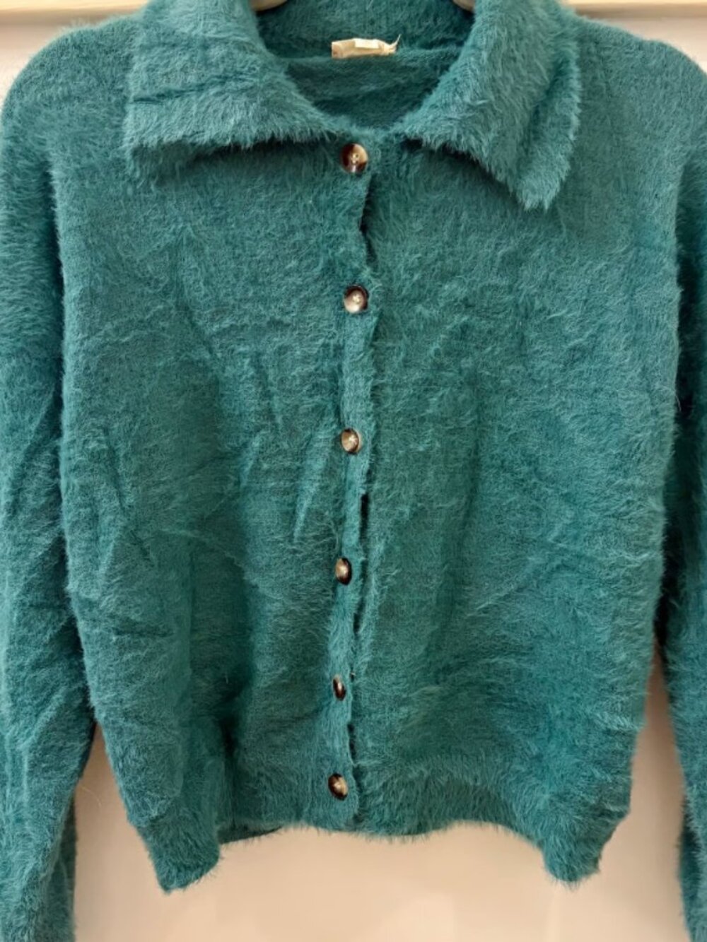 Hem & Thread Fuzzy Teal Cardigan NWOT